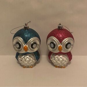 Blue & Pink Glitter Owl Ornament Duo - Glitter Holiday Decorations